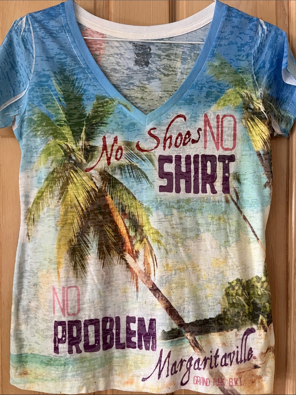 Margaritaville Womens V-Neck Tee with Palm & Beach Graphic - Blue, Green, Purple